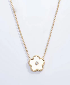 Collier long fleur blanche en acier inoxydable