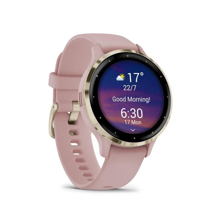 Montre GPS connectée - GARMIN - Venu 3S - 30,4mm (1,2) - Acier Soft Gold, boîtier rose et bracelet en silicone rose – Image 2