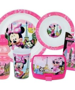 Lot Vaisselle Disney Minnie - FUN HOUSE - 006377 - Verre, Assiette Creuse, Assiette Plate, Gourde, Boîte Goûter et Couverts