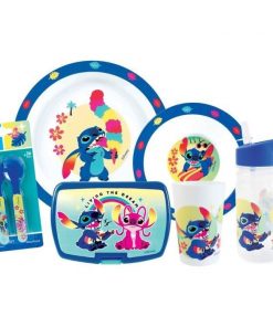 Lot vaissele - FUN HOUSE - STITCH ET ANGEL - Verre, assiette Ø22 cm et Ø16 cm, couverts, gourde et boite goûter