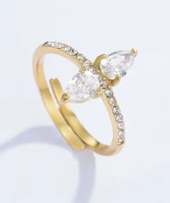 Bague avec pierre et strasses en acier inoxydable